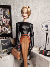Load image into Gallery viewer, The car seat dress in faux leather with shoulder pads and coordinated belt