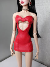 Load image into Gallery viewer, strapples dress with heart shaped keyhole made in faux leather,zipper at the back