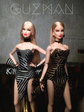 Load image into Gallery viewer, The dragonfly dress in metallic brocade for fashion royalty or nuface dolls

