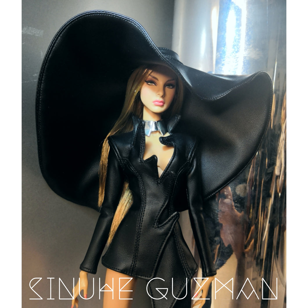 Tailored asimetric jacket in stretch black vegan leather with long sleeve and shoulder pads, for fashion royalty or barbie.