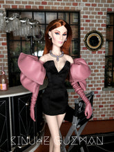 Load image into Gallery viewer, Long draped gloves with ornamental bow in faux leather for fashion royalty or barbie.
