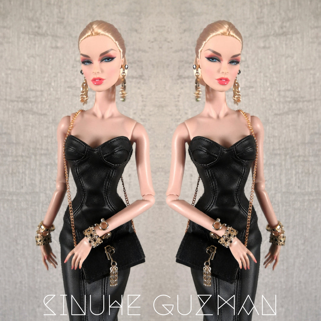 Corset pieced long Dress in faux leather for fashion royalty or barbie.