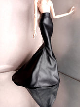 Load image into Gallery viewer, highwaisted black faux leather long flared skirt with medium train
